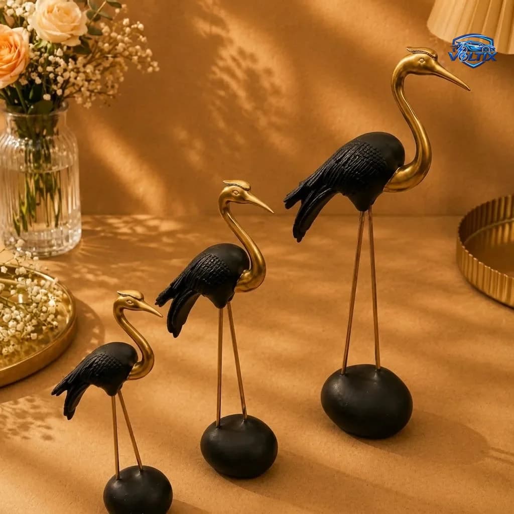طقم تماثيل طائر الكركي المعدني – لمسة فخامة ذهبية وسوداء 3